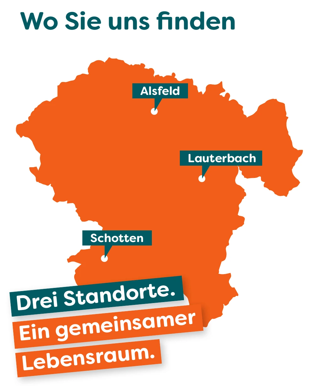 Karte des Vogelsbergkreises mit den Standorten Alsfeld, Lauterbach und Schotten.